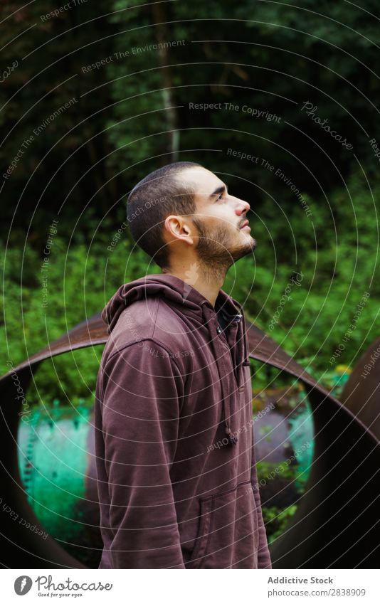 Man standing at huge tube Tube Stand Piece Metal Industrial Pipe Self-confident Human being Forest Nature Beautiful Colour Landscape Multicoloured Tree Seasons