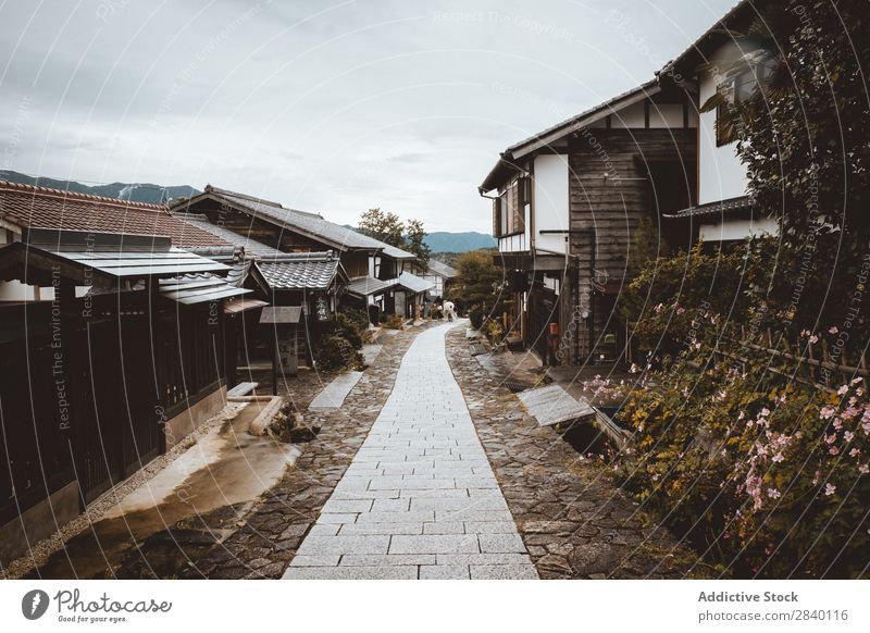 Road between village houses House (Residential Structure) Wood Tradition Street Lanes & trails Home Old Asia Architecture Wooden house Vintage Perspective