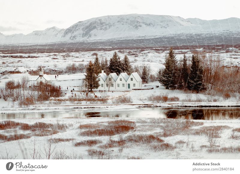 Houses in snowy plain Settlement House (Residential Structure) Plain Snow Winter Valley scenery Landscape Rural Nature Tourism North Vantage point Idyll Seasons