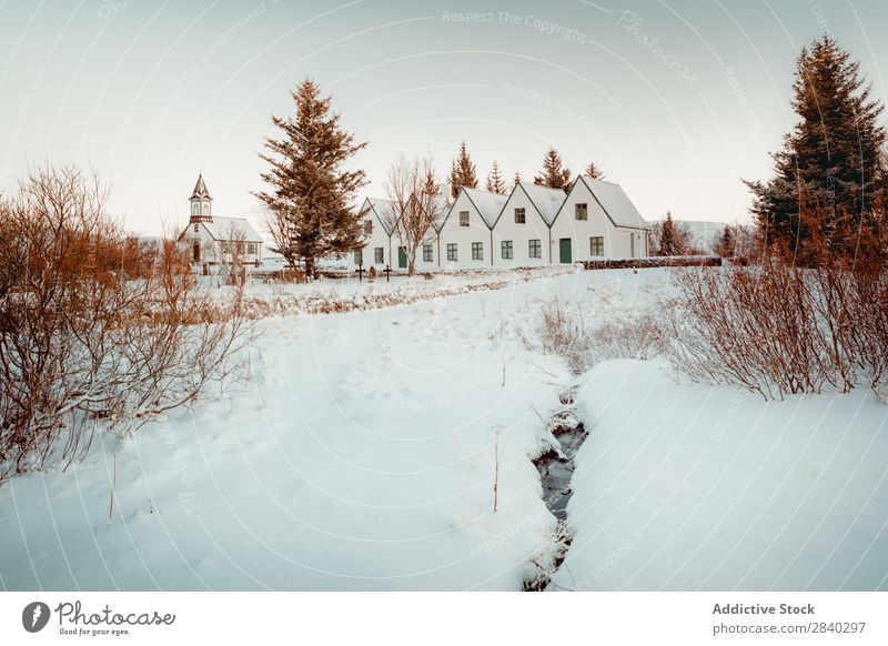 Houses in snowy plain Settlement House (Residential Structure) Plain Snow Winter Valley scenery Landscape Rural Nature Tourism North Vantage point Idyll Seasons
