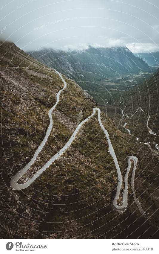 Curvy road in mountains, Trollstigen, Norway Valley Mountain Street serpentine Landscape Panorama (Format) Mysterious Rural Vantage point Curved Tourism