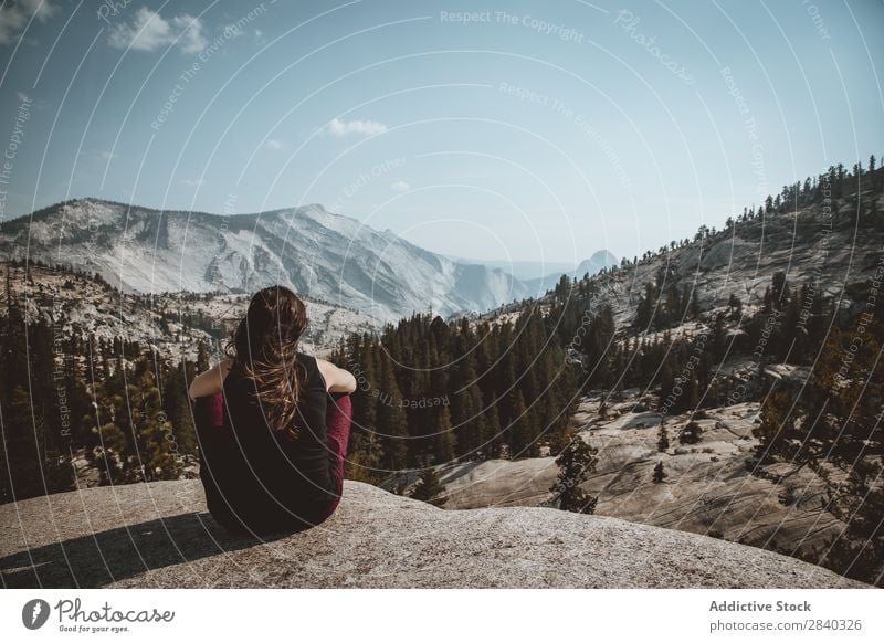 Woman posing on landscape on height Cliff Panorama (Format) Landscape Extreme Forest Valley Mountain Action Adventure coniferous Meditative Freedom Seasons Calm