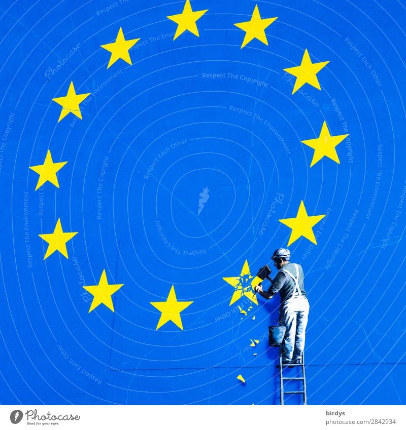 Art work by Banksy in Dover, craftsman chisels a star from the EU flag Economy Trade European flag Man Adults 1 Human being community of states Sign Graffiti