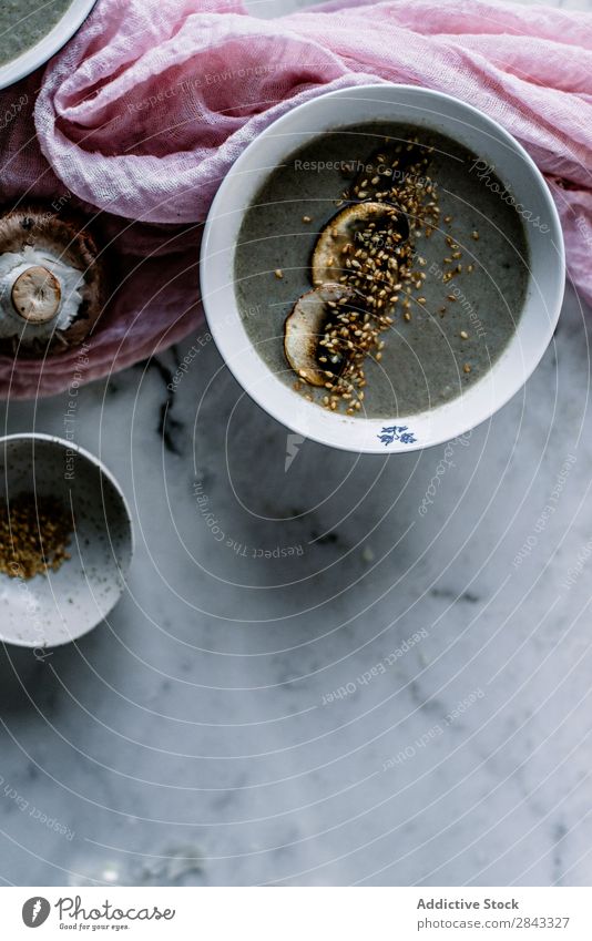 Cream soup with mushrooms Soup Cooking served Mushroom Bowl Fresh Table Food Vegetable Vegetarian diet Kitchen Brown Organic Healthy Ingredients Natural Edible