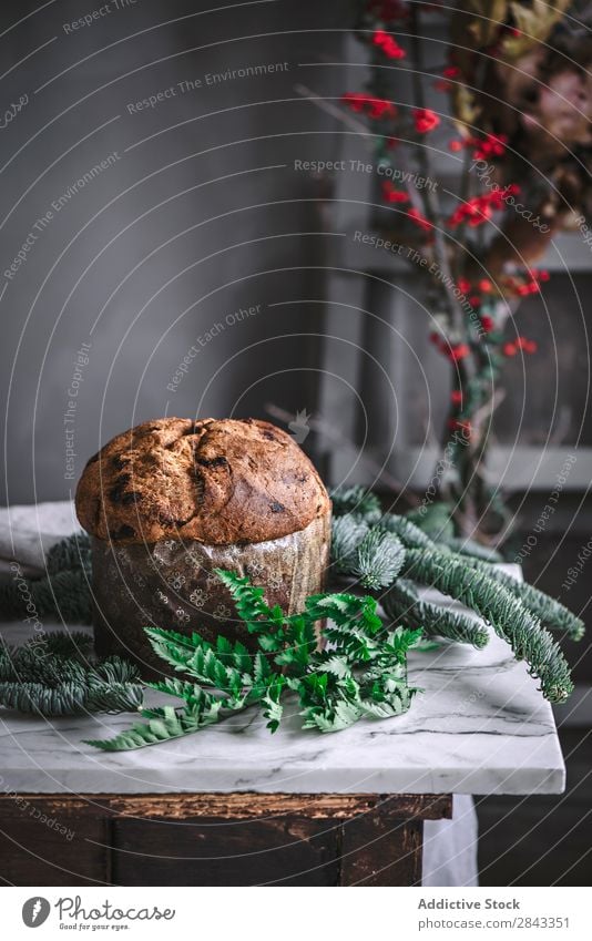 Tasty baked Panettone on table Cake Baking Sweet Cup Dessert Food Baked goods Bakery Delicious Home-made teacake Snack Gourmet Fresh Table Cooking Dough