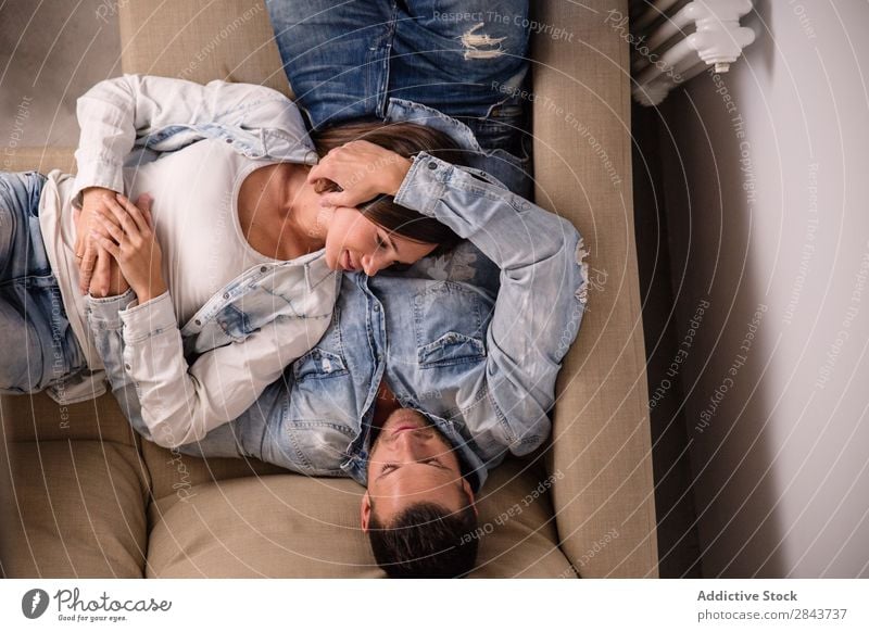 Couple relaxing on couch Home Relaxation Happy Man Living room Lie (Untruth) Sleep Rest Sofa Couch Woman Love Together House (Residential Structure) Easygoing