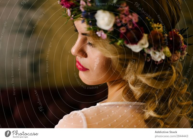 Pretty woman wearing flower garland Woman chaplet Paper chain Wreath eyes closed To enjoy pretty Flower Headdress Bride Elegant Dress Beauty Photography Smock