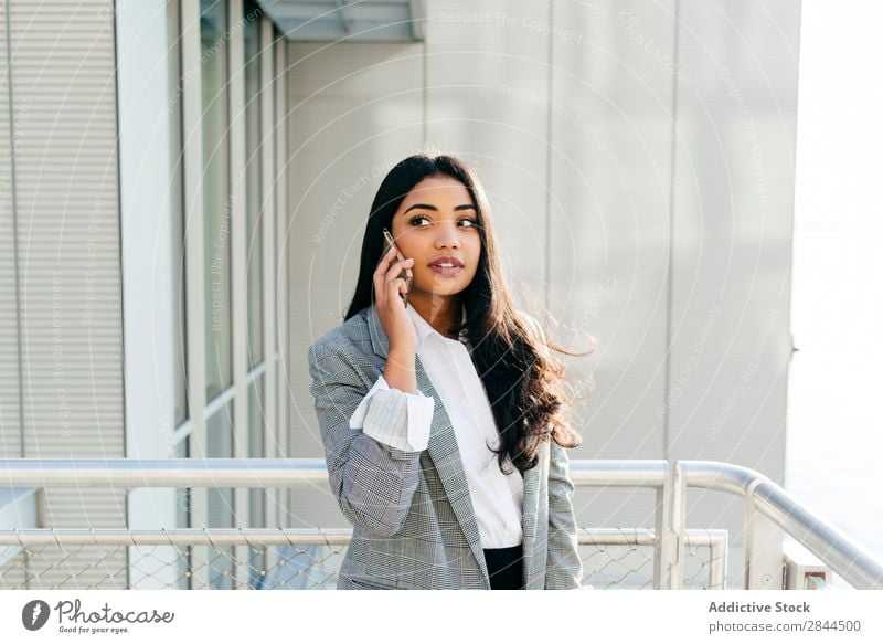 Stylish woman in jacket talking phone Woman Style PDA To talk Technology Balcony Happy Beautiful Youth (Young adults) Communication Mobile pretty Smiling