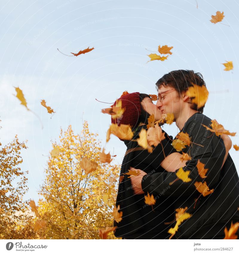 kiss of leaves Couple Partner Nature Autumn Beautiful weather Leaf Kissing Smiling Embrace Free Happy Natural Warmth Joy Happiness Contentment
