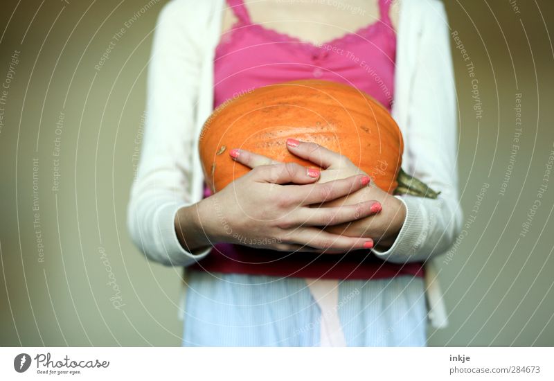 Halloween. Food Vegetable Style Joy Leisure and hobbies Thanksgiving Hallowe'en Infancy Youth (Young adults) Life Body Hand 1 Human being Pumpkin Cardigan Top