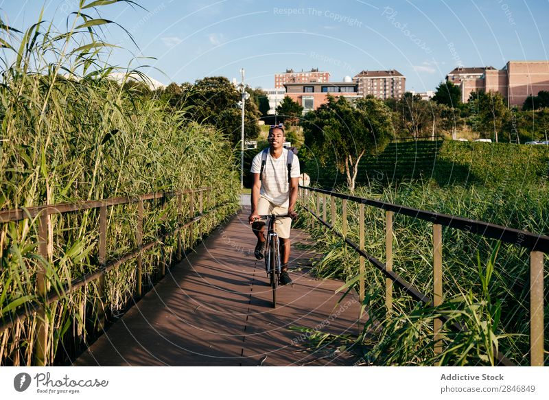 Young man riding bike on pavement Man Bicycle Pavement Grass Bridge Handrail Street Lifestyle Transport Town Cycle City Action Alley Motorcycling handsome