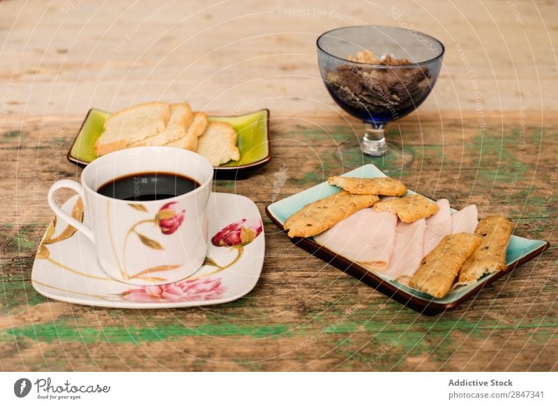 Table with coffee and breakfast food Coffee Snack Breakfast Ham biscuit Bread Toast Food Cup Exceptional assortment Drinking Meal Sweet Fresh Delicious Morning