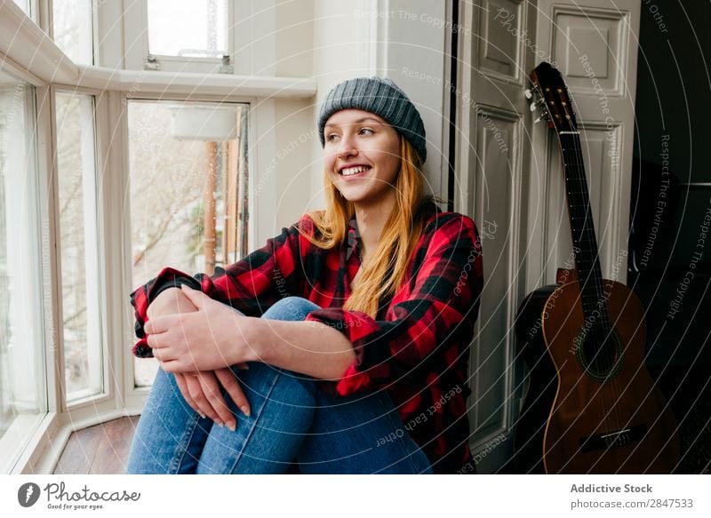 Cheerful blonde woman posing at window Woman Home Youth (Young adults) Beautiful Smiling Hat pretty Beauty Photography Happy Human being Room Cute To enjoy