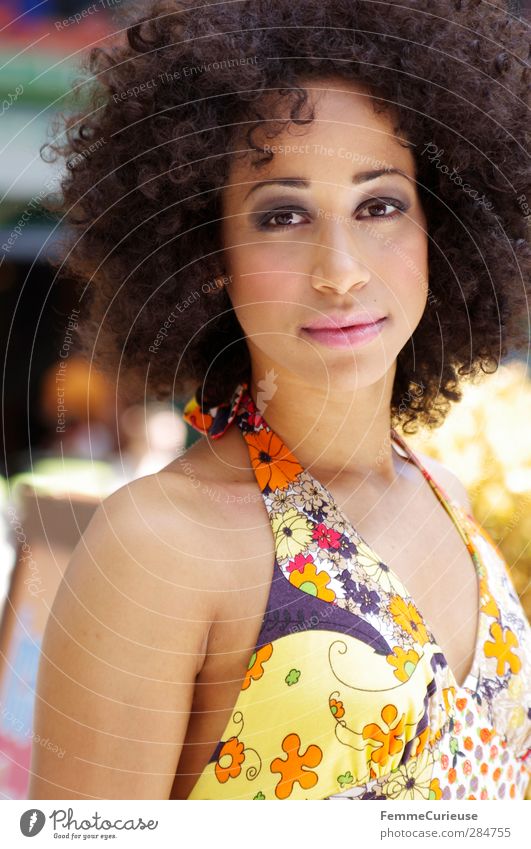 Summery. Feminine Young woman Youth (Young adults) Woman Adults 1 Human being 18 - 30 years Happiness African-American Afro Dress Summer dress Multicoloured