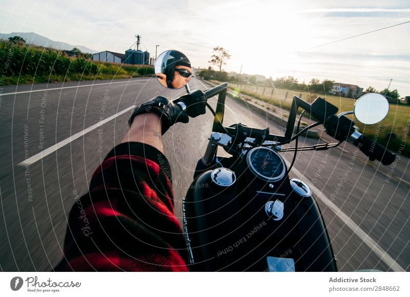 Anonymous man on bike riding road Man Motorcycle Street Landscape Vacation & Travel Transport Freedom Drive traveler Highway Tourism Extreme Movement Speed