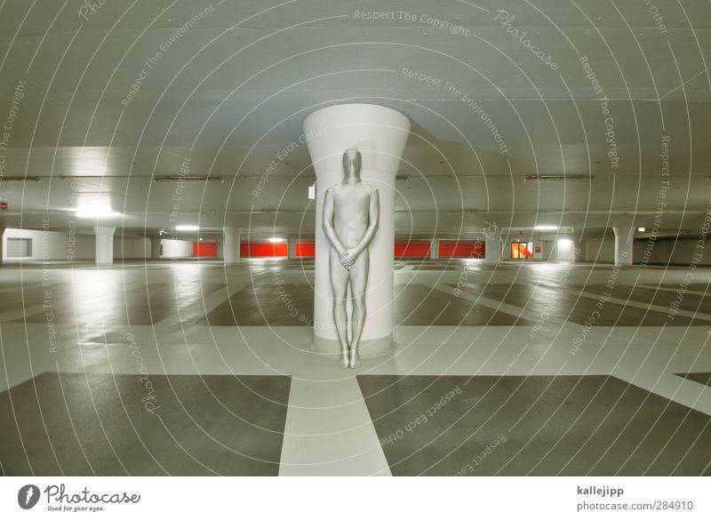 parking attendant Human being Masculine Body Parking garage Stand Statue Anonymous Silver Hero Comic strip character Hide Calm Futurism Gray Colour photo