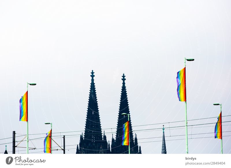 many rainbow flags . In the background the Cologne Cathedral. CSD Rainbow flag queer Joy Christopher Street Day Tolerant Event Wind Dome Tower csd LGBTQ pride