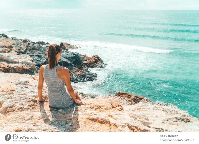 Woman Admiring Beautiful Landscape In Algarve, Portugal Human being Feminine Young woman Youth (Young adults) Adults 1 18 - 30 years Environment Nature Water