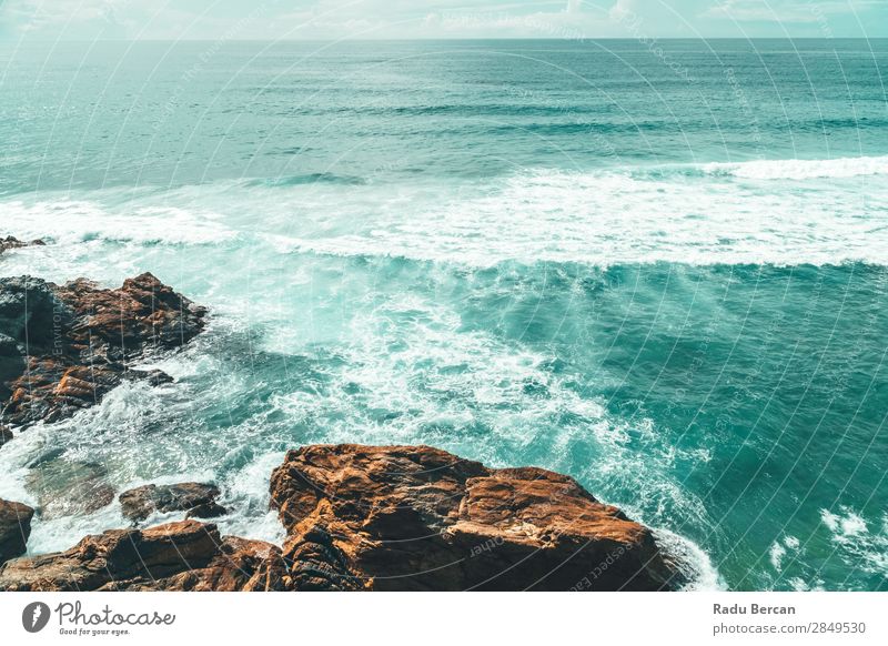 Landscape And Seascape View Of Ocean In Algarve, Portugal Environment Nature Water Sky Summer Weather Beautiful weather Rock Waves Coast Beach Bay Island