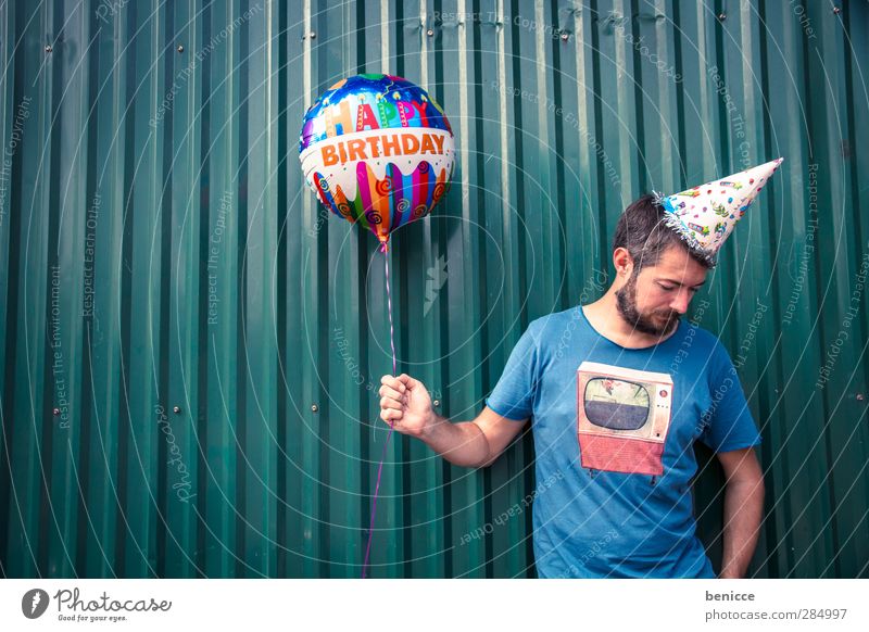 Happy B. IV. Birthday Happy Birthday Balloon Man Human being Young man Facial hair Old Wall (building) Feasts & Celebrations Stand Smiling Sadness Row Funny