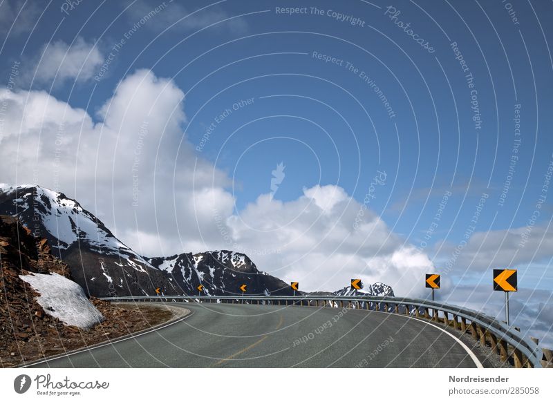 upward Landscape Sky Clouds Summer Beautiful weather Rock Mountain Peak Snowcapped peak Canyon Transport Traffic infrastructure Road traffic Street Sign