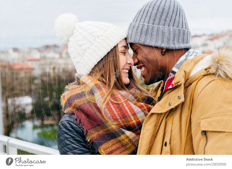 Couple posing on street Together City Town Harbour Port Scarf pulling Mixed race ethnicity multiethnic Black Love Woman Man Human being Lifestyle
