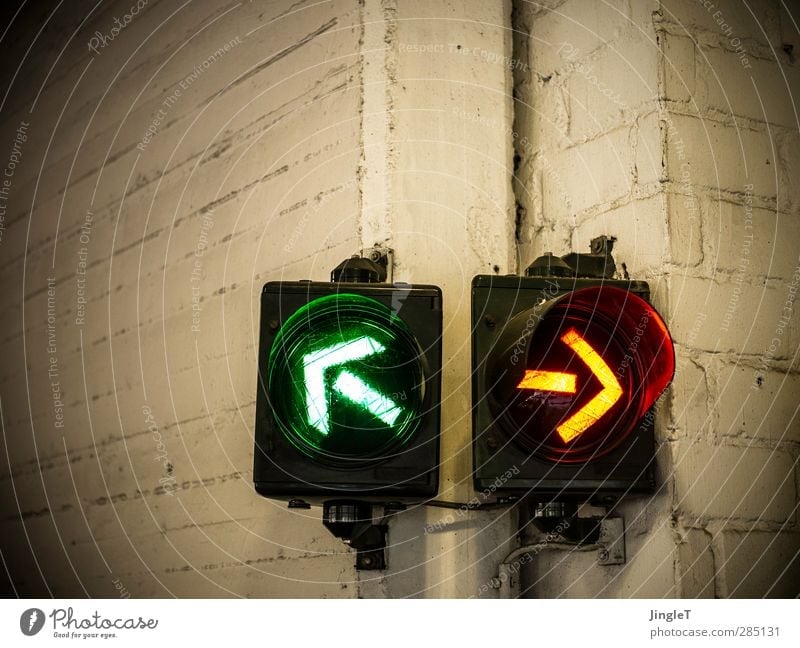 left-sided mood high | UT Koeln Technology Information Technology Transport Traffic light Concrete Sign Road sign Arrow Driving Yellow Gold Green White