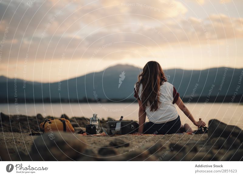 Woman on picnic at lake Lake Sit Picnic Camping Looking away Nature Summer Youth (Young adults) Water Girl Beautiful Leisure and hobbies Lifestyle Human being