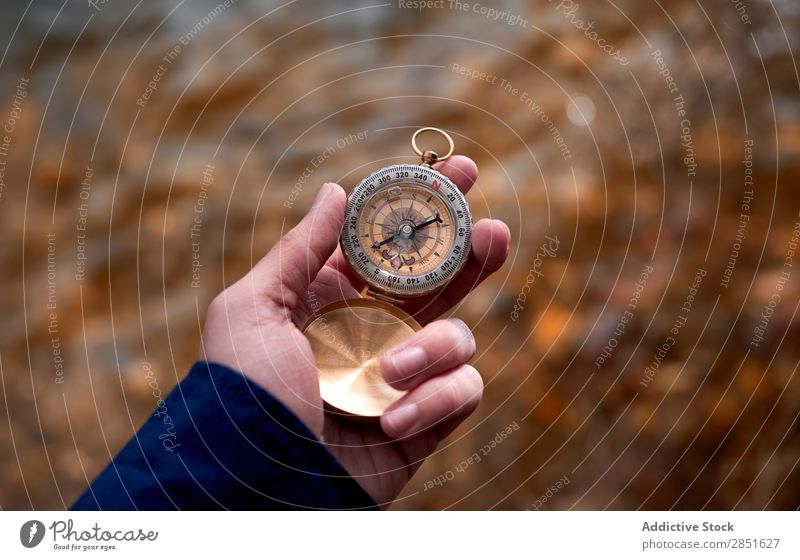 Hand with compass in nature traveler Compass (drafting) Nature Autumn Leaf Vacation & Travel Direction way Adventure Lost Hiking Vantage point Arrow exploration