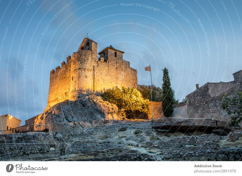 Medieval castle in the blue hour Castle Stone Rock medieval Spain calafell Landmark Catalonia Town Ancient Sky Old Vacation & Travel Mediterranean Exterior shot