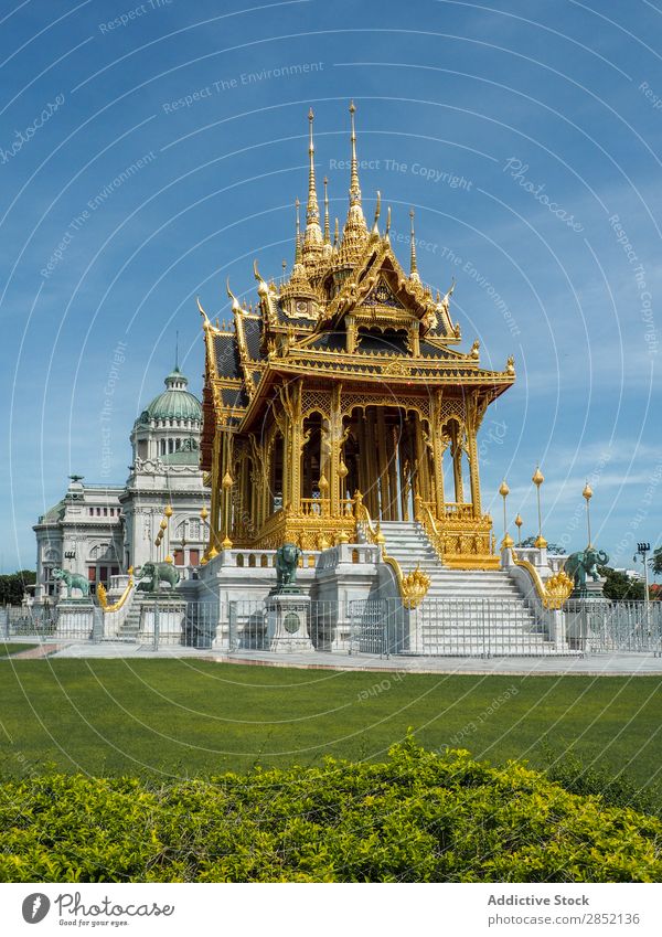 Beautiful big golden building Building asian Tradition Multicoloured Temple Asia Palace Gold Lawn Green Architecture Culture Old Tourism Vacation & Travel