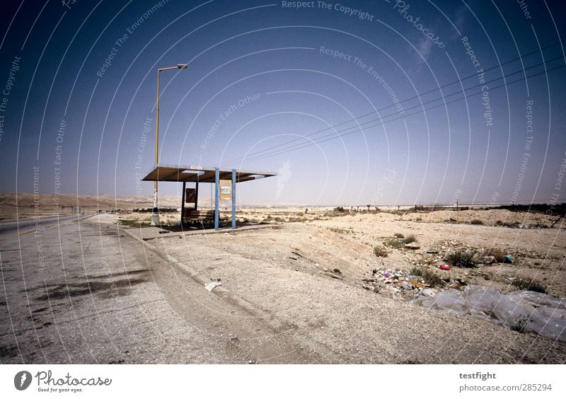 bus stop Environment Nature Landscape Sky Sun Summer Desert Bus stop Transport Traffic infrastructure Passenger traffic Public transit Street Vacation & Travel