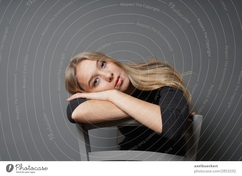 boredom Human being Feminine Young woman Youth (Young adults) Woman Adults 1 13 - 18 years 18 - 30 years Blonde Long-haired Sit Boredom Chair astride Inverted