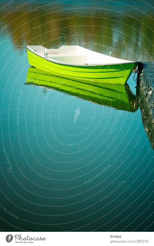 green boat on a blue lake Water Lakeside Rowboat Jetty Illuminate Wait Esthetic Original Positive Beautiful Blue Green Moody Longing Colour Idyll Nature Calm