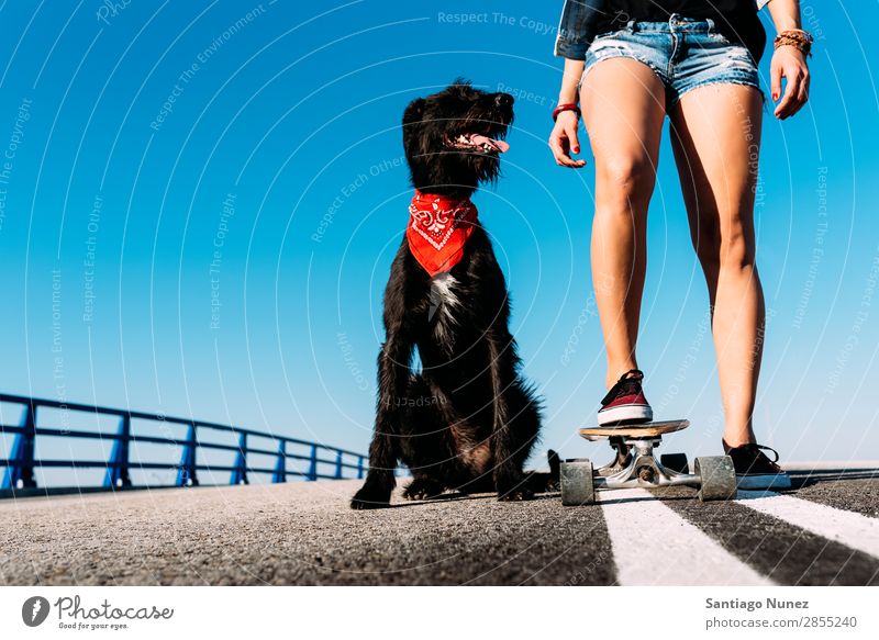 Beautiful young loving her dog. Girl Woman Dog Pet owner Ice-skating Town Youth (Young adults) Sports Longboard riding Ice-skates Happy Smiling Animal Puppy