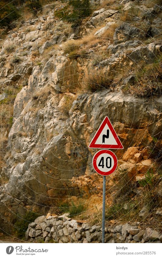 speed limit Beautiful weather Rock Mountain Transport Road traffic Road sign Pass Sign Signs and labeling Signage Warning sign Authentic Dangerous Safety