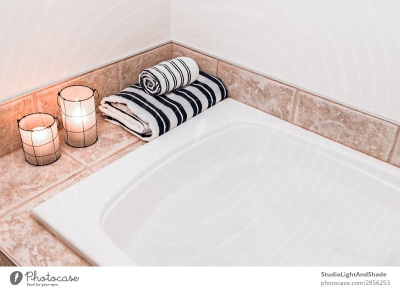 Spa bath with flowers, candles and tray, Stock image