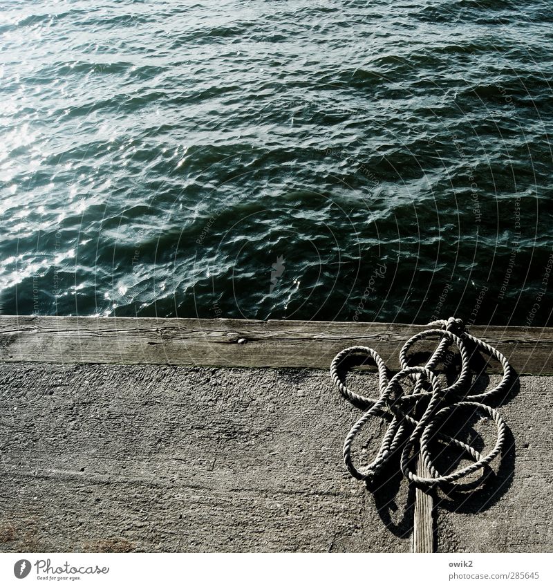 lagoon Rope Water Climate Weather Beautiful weather Coast Concrete Wood Lie Calm Jetty Harbour Usedom Mecklenburg-Western Pomerania Colour photo Exterior shot