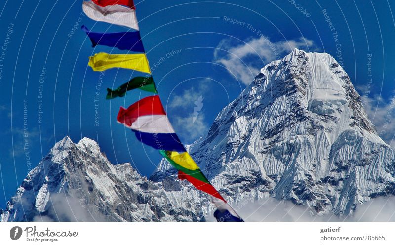 Ama Dablam Nature Landscape Sky Beautiful weather Mountain Peak Snowcapped peak Glacier Eternity Peace Dream Nepal Himalayas Prayer flags Colour photo