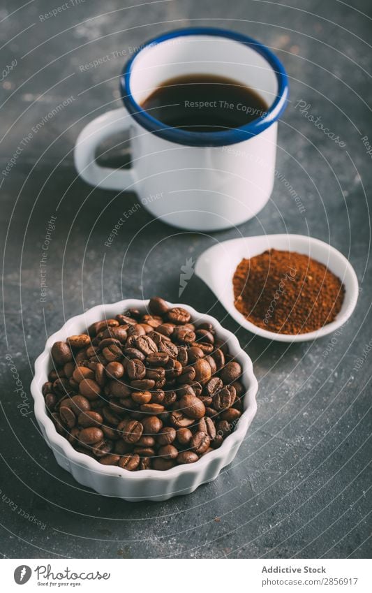 Coffee cup with coffee beans and ground coffee Antique Aromatic Beans Beverage brew Caffeine Coffee break Coffee pot Cream Cup Drinking Espresso Food Grinder