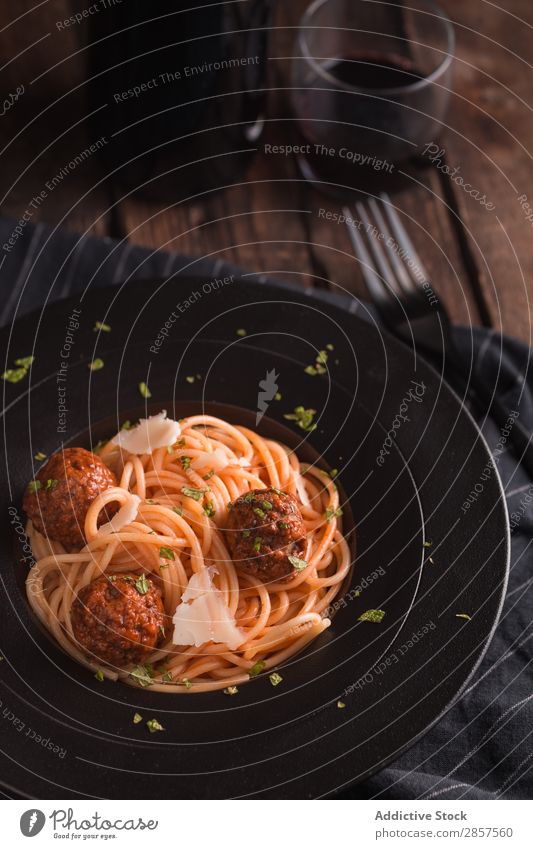 Spaghetti with meatballs and tomato sauce Ball Beef Cheese Cooking Delicious Dish To feed Food Gourmet Home-made Ingredients Italian Lunch Meal Meat minced