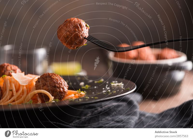 Spaghetti with meatballs and tomato sauce Ball Beef Cheese Cooking Delicious Dish To feed Food Gourmet Home-made Ingredients Italian Lunch Meal Meat minced