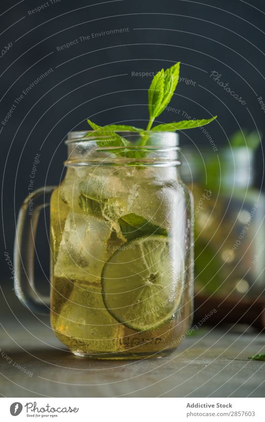 Mojito in mason jar on grunge table Alcoholic drinks barman bartender Beverage Cocktail Drinking Food Fresh garnish Gin Glass Juice Lemon Lime Mint mixologist