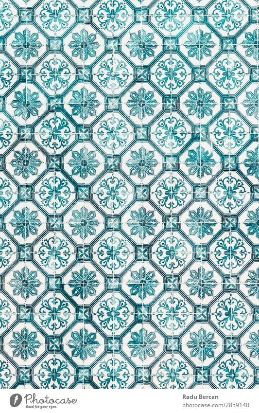 Blue Ceramic Wall Texture Or Azulejos In Lisbon, Portugal Style Design Decoration Wallpaper Art Town Building Ornament Old Retro Multicoloured Turquoise