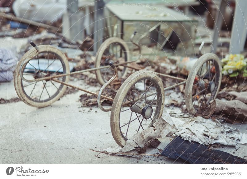 Once upon a time... Living or residing Baby Ruin Toys Baby carriage doll car Wheel Metal Old Dark Trashy Infancy Grief Dream Sadness Decline Past Transience