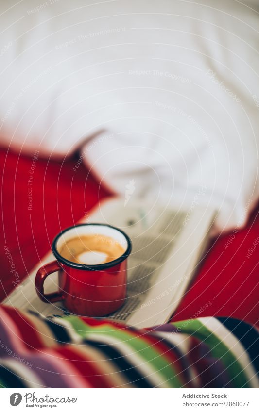 Espresso coffee in enamel cup on bed Aromatic Bed bed sheets Beverage Breakfast Brown Caffeine Coffee Cup Drinking Foam Food Hot Morning Sugar Sunlight Table