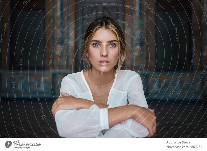 Gentle girl in white dress on steps Woman Dress tender Vulnerable Model White Light Harmonious Blonde Relaxation Barefoot romantic Beautiful Fashion To enjoy