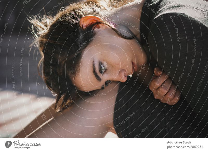 Sensual girl sitting on floor in sun rays Woman Shadow To enjoy Sunlight Stripe Hunting Blind Sit Story Posture Morning Dress Barefoot Bright tender Loneliness