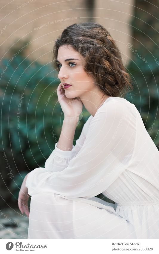 Attractive woman in white dress Woman Youth (Young adults) Dress White Looking into the camera Alluring Clear Beautiful Beauty Photography Human being pretty