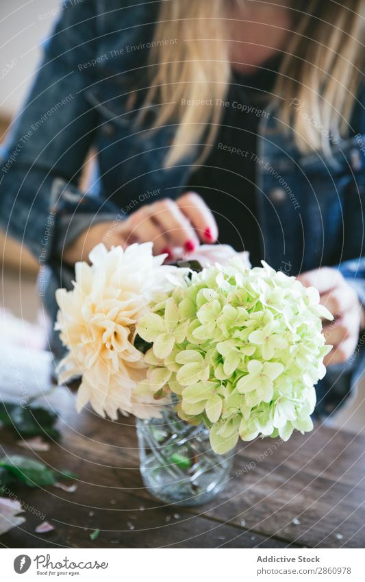 Woman near table with bouquets of blooms in vases Flower Bouquet Vase Table Plant Chrysanthemum Rose Twig Happy Fresh bunch Leaf Wood Lady Branch Bud Nature